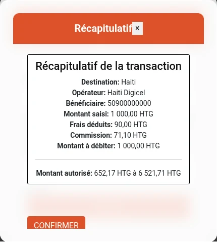 O fornecedor não aceita o número fictício de demonstração. Este ecrã mostra o cálculo preliminar apresentado realmente pelo HPay antes de ⁨« CONFIRMER »⁩. Não comprova a aceitação do destinatário nem uma compra concluída. Nada foi confirmado; os valores pertencem a este exemplo.