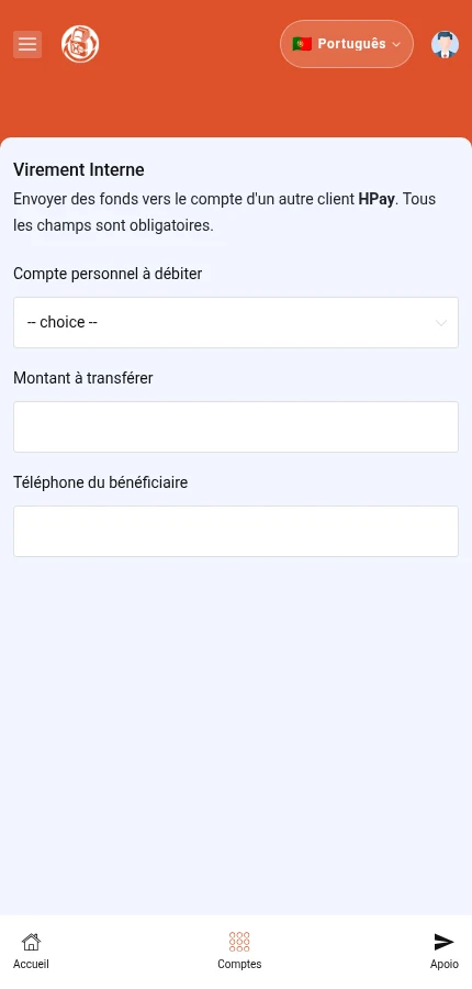 Identifique: ⁨« Compte personnel à débiter »⁩ · ⁨« Montant à transférer »⁩ · ⁨« Téléphone du bénéficiaire »⁩. O formulário está vazio: introduza os dados da sua própria conta.